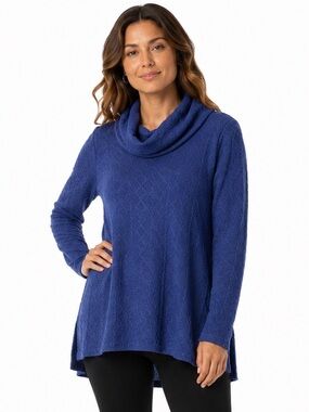 Pure Essence Blue Cowl Neck Cable Knit Tunic Sweater Medium Made in Canada